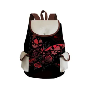 Close-up of stylish black backpack featuring red butterfly print and beige pockets.