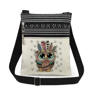Close-up detail of cartoon owl print crossbody messenger bag with double zipper and strap.