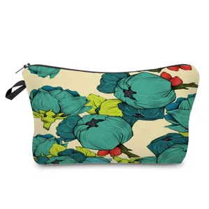 Floral print cosmetic bag detail, portable makeup pouch with zipper for travel and daily use.