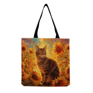 Sunflower print canvas tote bag with black handles, artistic cat oil painting design for daily shopping.