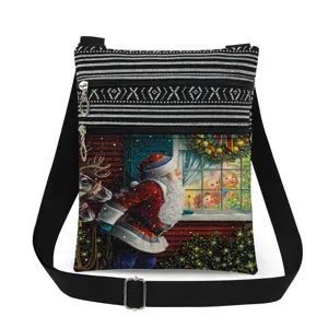 Christmas print crossbody bag detail showing double zipper design and adjustable strap.