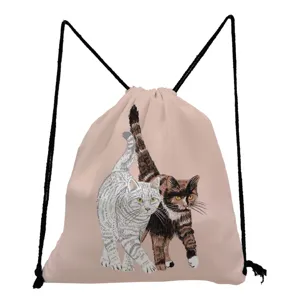 Cute cat print drawstring backpack casual pink canvas bag for women daily shopping storage