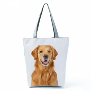 Casual golden retriever print tote bag, large capacity canvas shoulder handbag for daily travel.