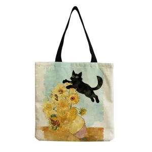 Sunflower black cat print canvas tote bag, artistic casual single shoulder shopping bag detail.