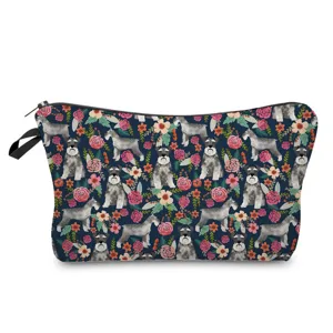 Portable cosmetic bag with cute schnauzer dog and floral print, perfect travel makeup pouch.