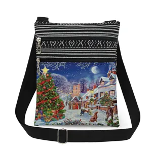 Close up detail of double zippers, adjustable strap, and festive Christmas snow print.