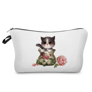 Portable white cosmetic makeup bag with cute kitten and flower print travel storage pouch