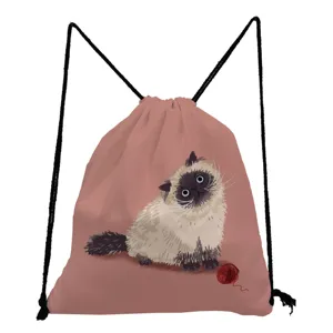 Cute cat print drawstring bag casual canvas backpack for daily storage and shopping use