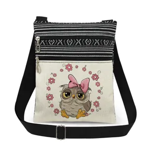 Canvas crossbody bag with cute owl print, double zipper and adjustable strap for women.