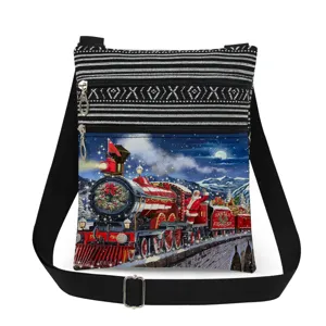 Christmas printed crossbody bag with adjustable strap, dual zippers, and festive design.