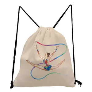 Zaino a sacco con stampa ginnastica ritmica, borsa sportiva leggera in tela beige.