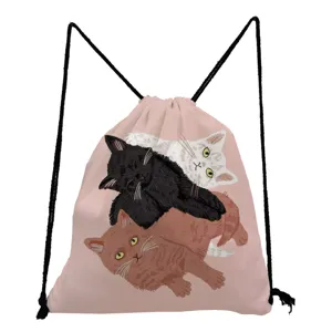 Cute cartoon cats print pink drawstring backpack for women, casual daily storage school gym bag.