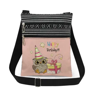 Canvas crossbody bag with cute owl print, double zipper, and adjustable strap for women.