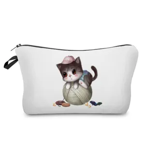 Cute cat print cosmetic bag portable toiletry pouch for travel makeup storage zipper organizer