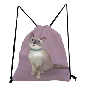 Cute cartoon cat print drawstring backpack casual pink shoulder bag daily storage shopping bag
