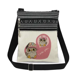 Canvas crossbody shoulder bag with cute owl print, dual zipper pockets and adjustable strap.