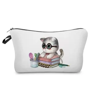 Cute cat print cosmetic bag portable travel makeup storage pouch with zipper closure durable