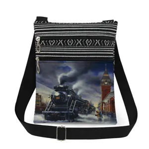 Vintage winter train print crossbody bag with double zippers and adjustable strap for women.