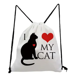 Close-up detail of white canvas drawstring backpack featuring cute black cat silhouette print.