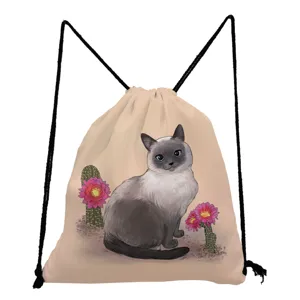 Cute cartoon cat print drawstring bag, creative animal design casual storage shoulder daily use.