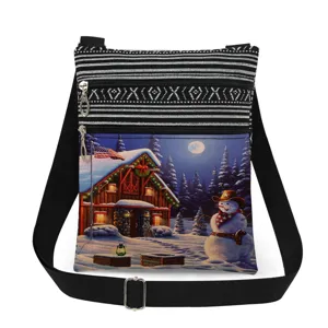 Christmas printed crossbody bag with double zippers and adjustable black shoulder strap.