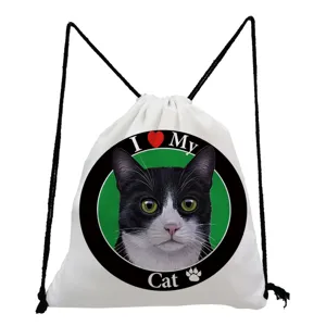 Cute black and white cat graphic drawstring backpack, casual daily canvas storage shopping bag.