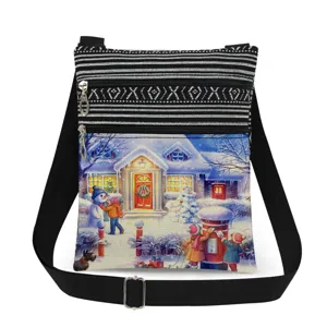 Christmas printed crossbody bag with double zippers, adjustable strap and vibrant winter scene.