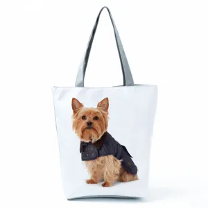 Detailed close-up view of the cute Yorkshire terrier dog print white canvas shoulder tote bag