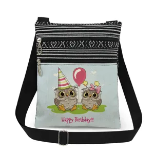 Canvas crossbody bag with cute owl print and double zippers, adjustable shoulder strap.