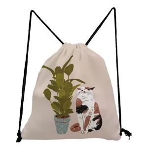 Detailed view of the cute cat and plant print drawstring backpack, perfect for daily casual use.