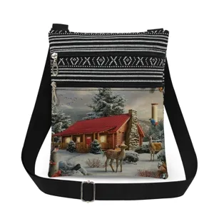 Christmas printed crossbody bag featuring adjustable strap, double zipper, lightweight design.