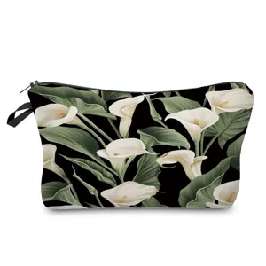 Calla lily floral print cosmetic bag, black makeup pouch with zipper and handle for travel.