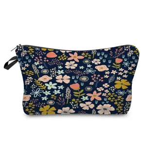 Detail view of colorful floral print cosmetic bag, portable travel pouch and wash bag design.