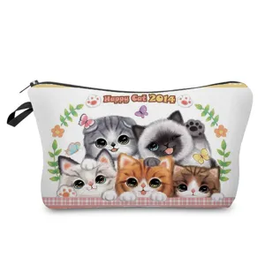 Cute cartoon cat print cosmetic bag portable toiletry pouch for women travel makeup storage