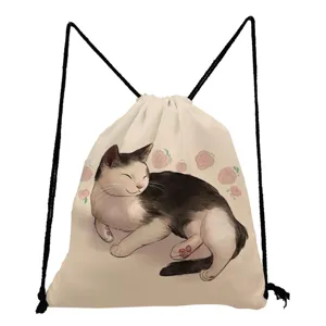 Cute cat print drawstring backpack casual canvas daily storage shoulder bag for daily use