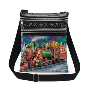 Christmas printed crossbody bag with black white stripes, double zippers and adjustable strap.
