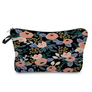 Floral print cosmetic bag, black makeup pouch with zipper and wristlet strap for travel.