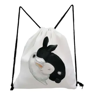 Cute black and white rabbits print canvas drawstring backpack casual daily shoulder bag for women.