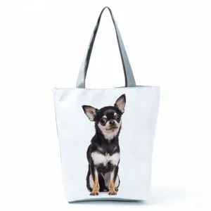 Chihuahua dog print white canvas tote bag, detailed view of daily travel shoulder handbag.