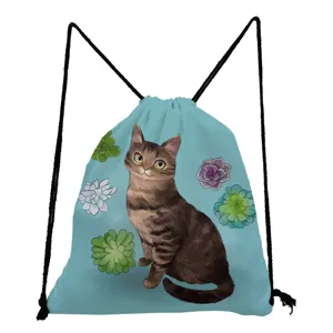 Cute cat print drawstring bag casual canvas backpack travel daily storage shopping handbag