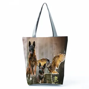 Borsa shopper in tela casual con stampa di cane pastore tedesco e gufo grande borsa