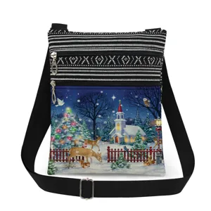 Christmas printed crossbody shoulder bag featuring double zippers and adjustable strap.