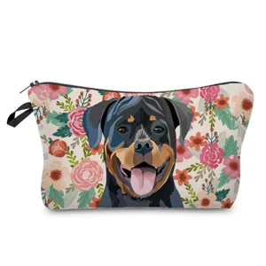 Cute Rottweiler floral cosmetic bag portable toiletry pouch travel makeup organizer