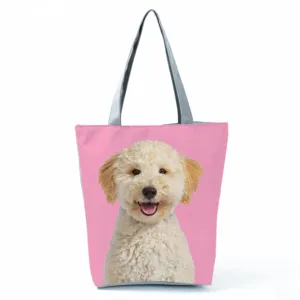 Cute dog print pink shoulder bag, casual large capacity daily tote handbag for travel use.