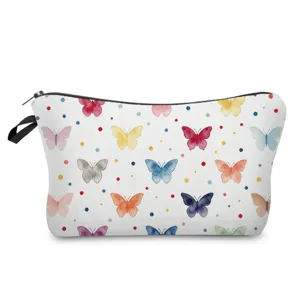Detailed view of cosmetic bag showing zipper closure, handle, and watercolor butterfly print.