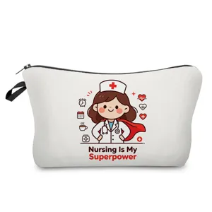 Graziosa borsa cosmetica con stampa infermiera e cerniera, custodia per trucco portatile.