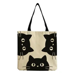 Borsa Tote a Spalla in Linen Cartone Gatto Nero Dipinto a Olio Floreale Stampa Pieghevole Ecologico Lavabile Borsa della Spesa a Mano Donna