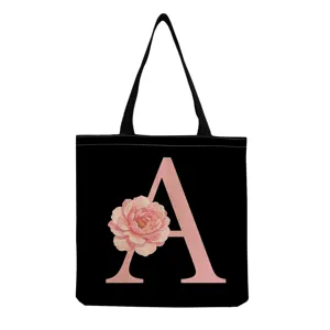 Sac Fourre-Tout en Lin Pliable Lavable pour Femmes Noir Rose Floral Lettre Imprimé Toile Sac à Bandoulière de Shopping