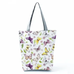 Watercolor butterfly print canvas tote bag, large capacity fashion shoulder handbag.