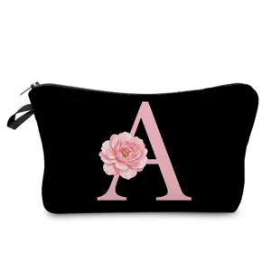 Neceser de Poliéster de Moda con Estampado de Letras Bolsa Organizadora de Cosméticos Negra Ligera con Cremallera para Viaje Diario